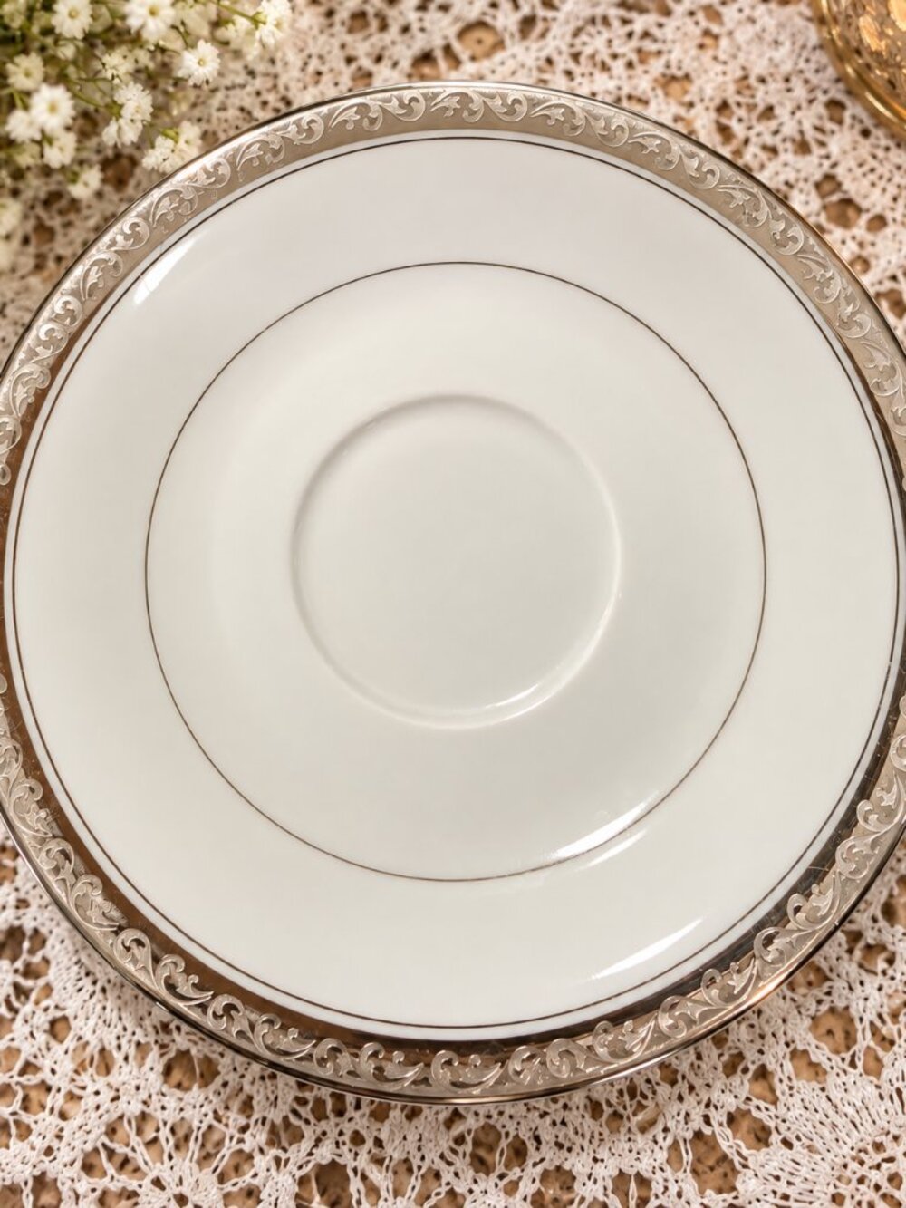 Vintage Harmony House Silver Laurel Fine China Saucers Set of 2 Japan Silver Tri